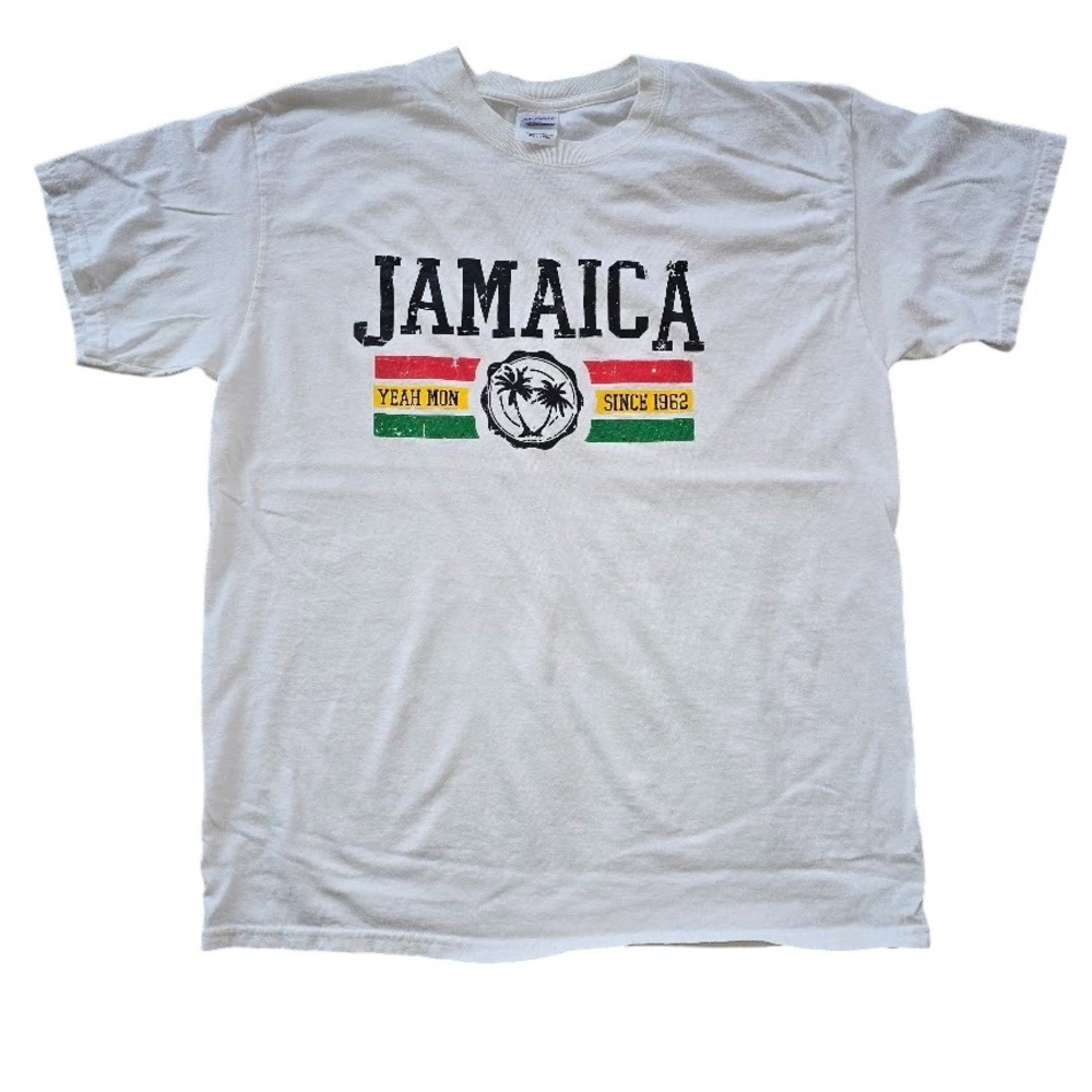 Gildan Jamaica Graphic T-Shirt Men Large White Tropical Reggae Rasta Summer Core